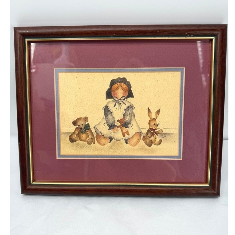 Mimi Framed Art Print Country Girl Teddy Bear Bunny Rabbit Nursery Decor